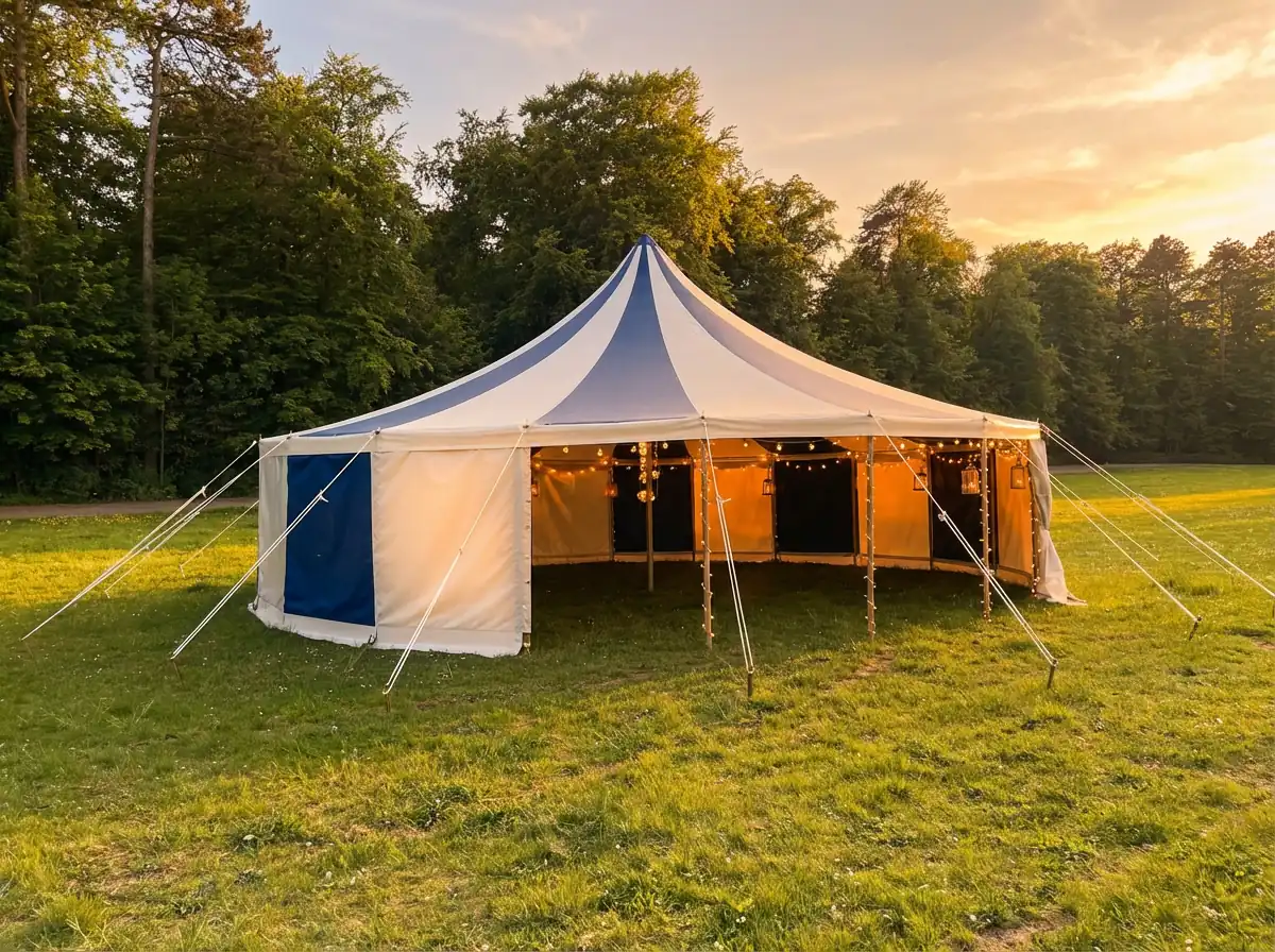 10m 20-Eck Zelt halb geschlossen Sommerabend